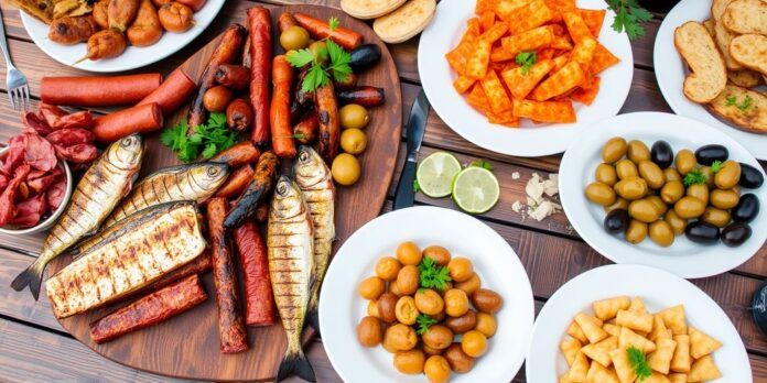 Portuguese petiscos spread on a rustic table