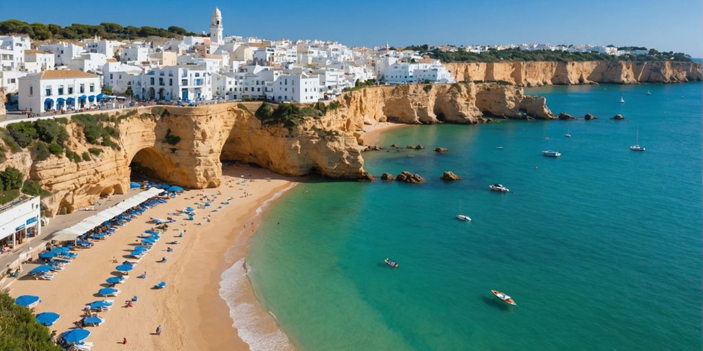 Albufeira coastline with beaches and white buildings