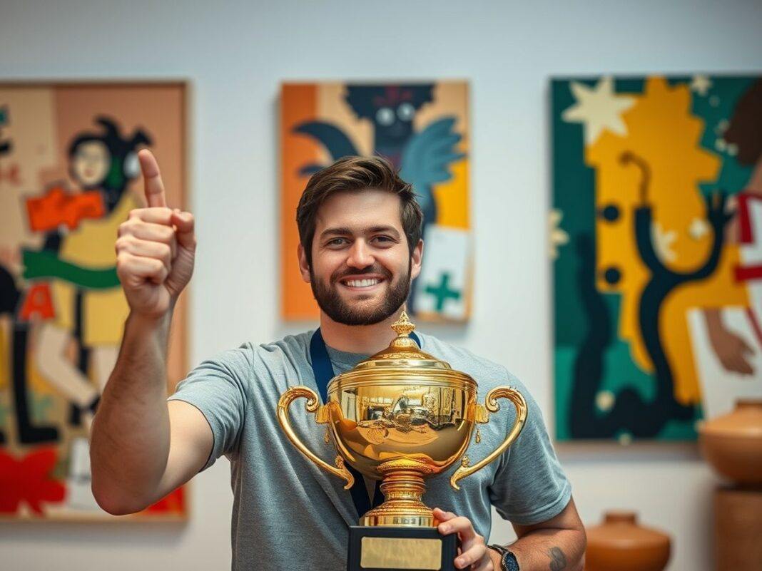 Cassio Markowski with trophy and abstract art