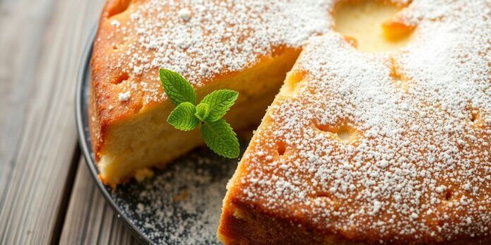 Freshly baked Portuguese Duchesse cake with powdered sugar