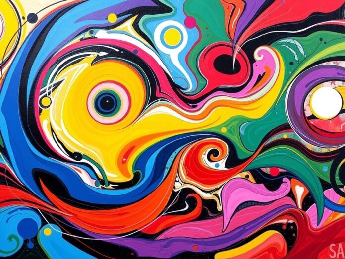 Colorful abstract painting with bold shapes