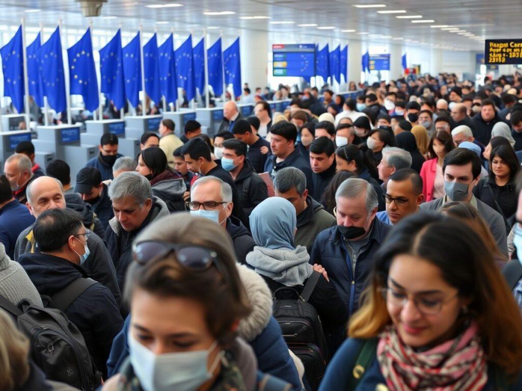 Travelers in line at airport passport control