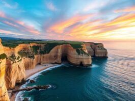 Coastal cliffs and turquoise waters of Sagres at sunset.