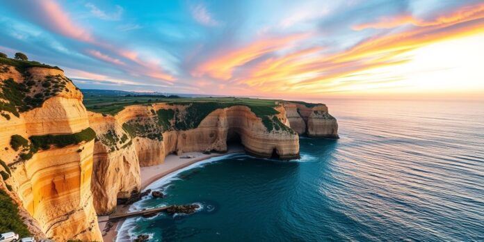 Coastal cliffs and turquoise waters of Sagres at sunset.