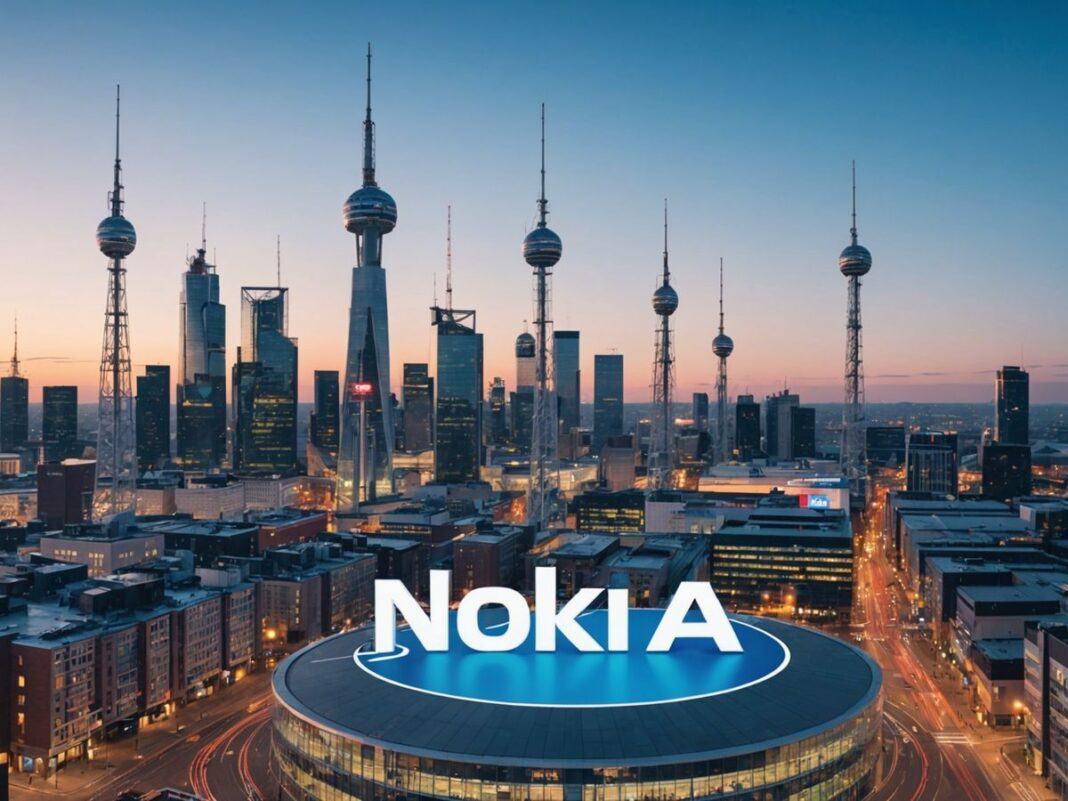 Cityscape with 5G towers and Nokia logo