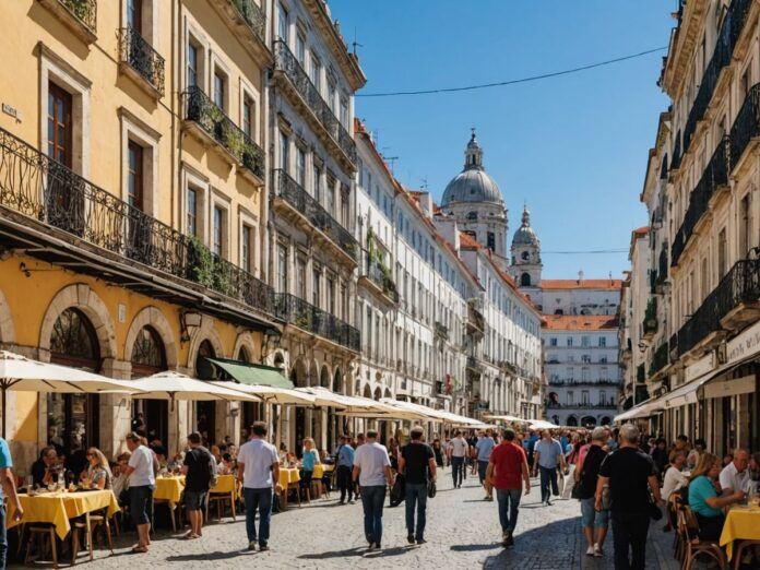 Lisbon street with outdoor dining and tourists