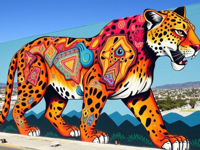 Colorful mountain lion mural in urban setting.