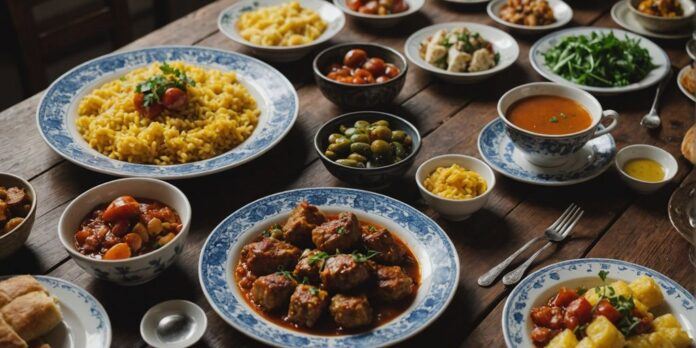 Traditional Portuguese dishes displayed on a rustic table.