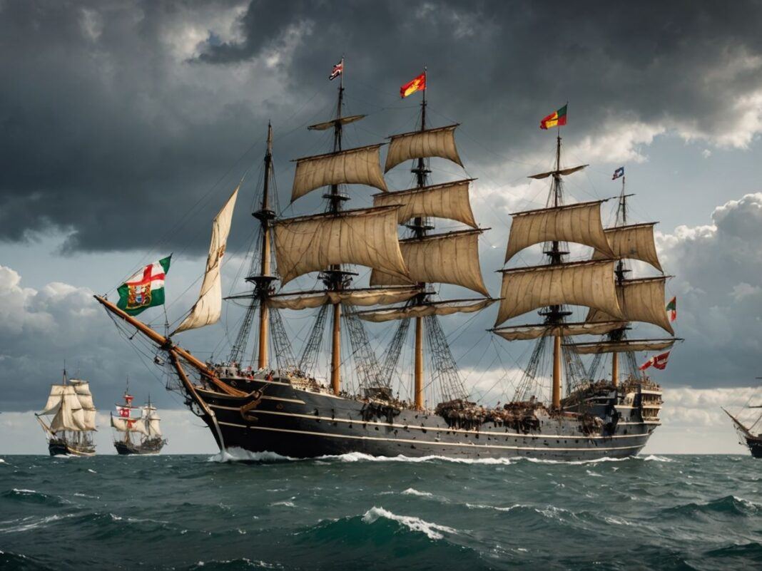 Portuguese royal ship sailing away with escorts