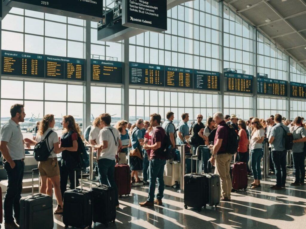 Frustrated passengers in crowded airport terminal with cancellations