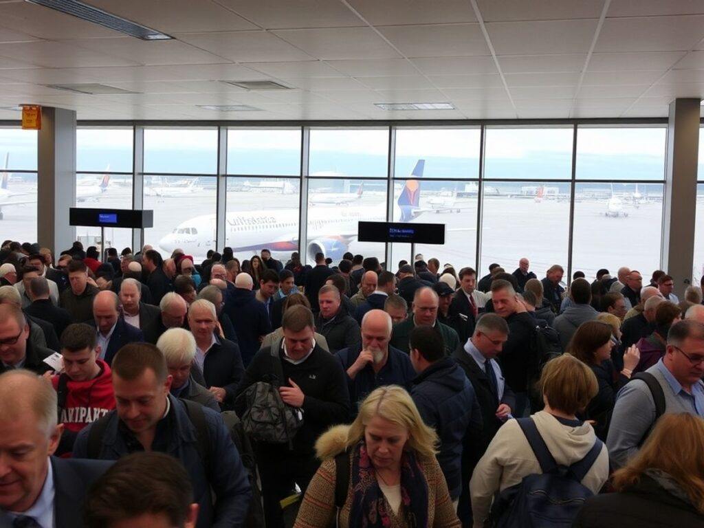 Crowded airport with frustrated passengers and grounded airplanes.