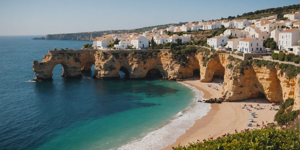 Aerial view of Carvoeiro's cliffs and blue waters