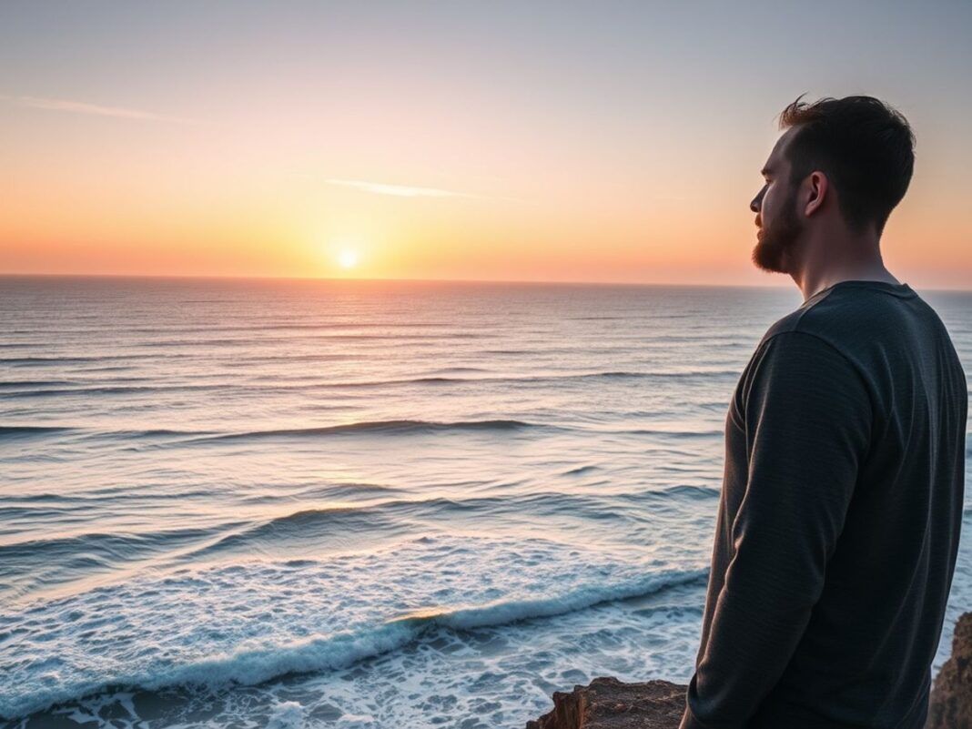 Man on cliff at sunset overlooking ocean waves.