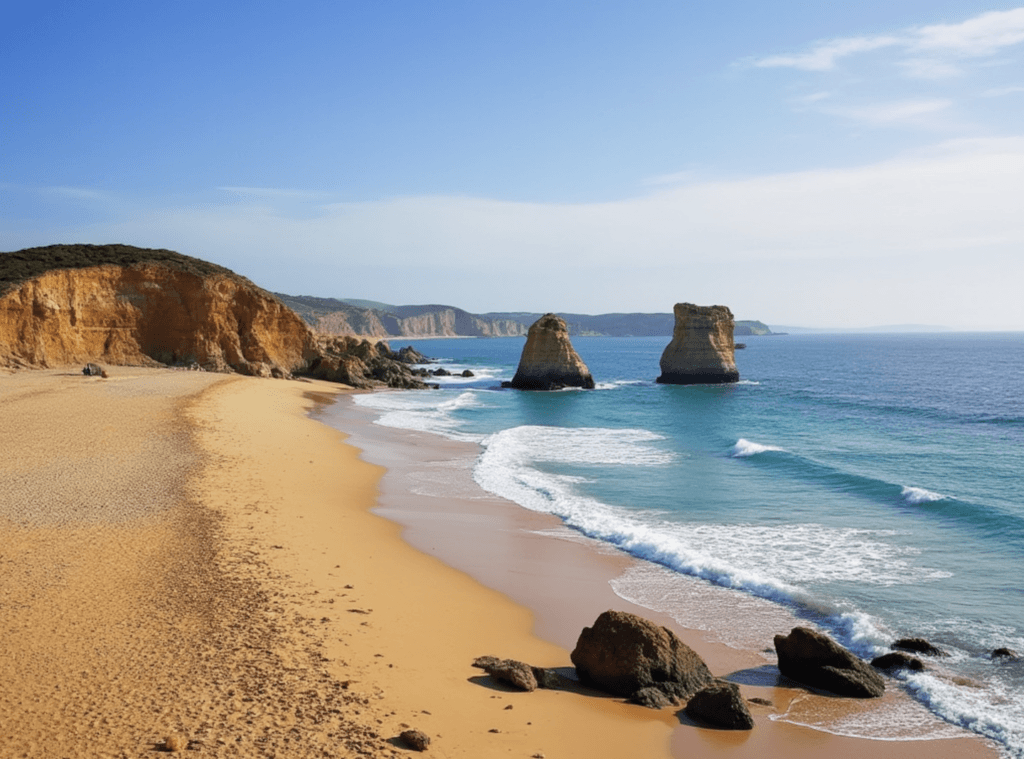 A view of the Comporta coast with sea stacks visible in the sea