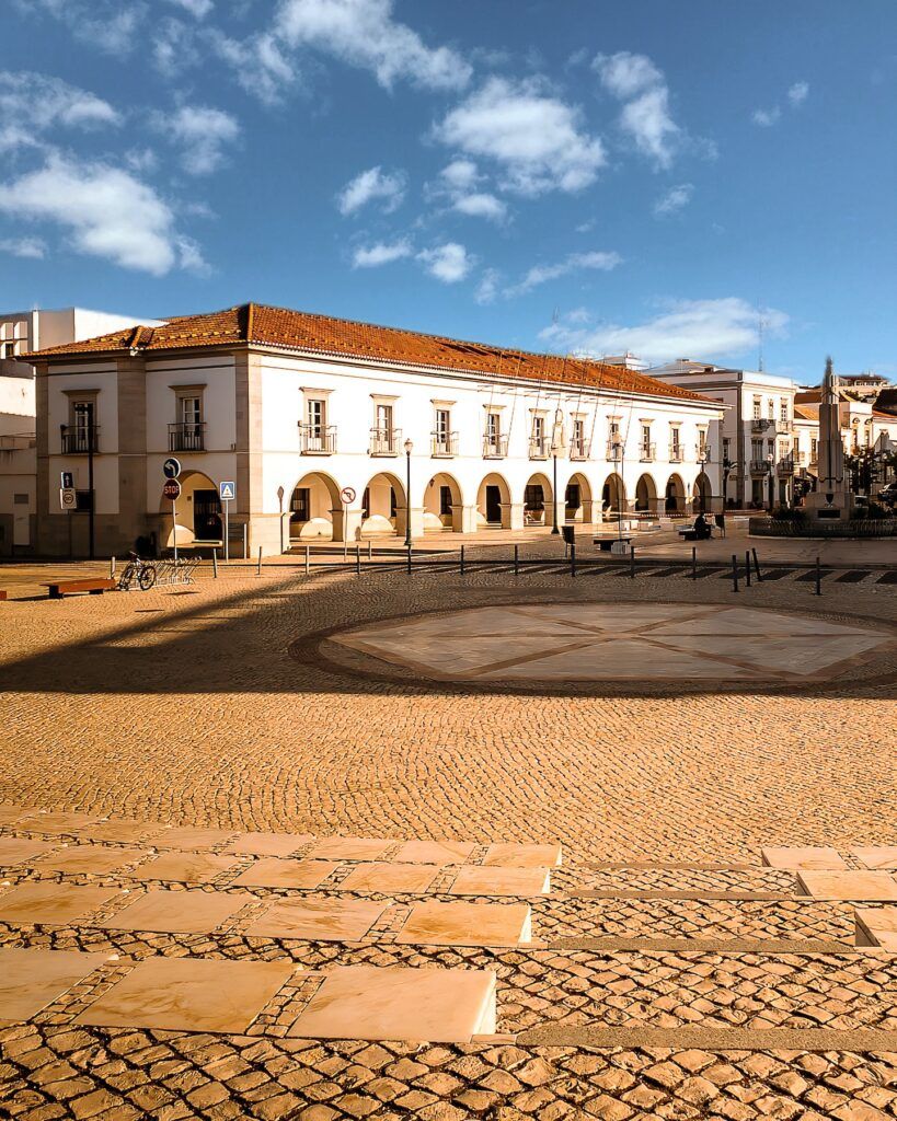 The square and an official council building in the town of Tavira, Portugal