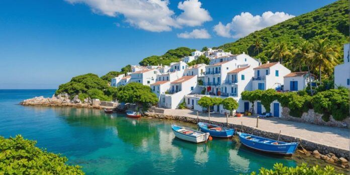 Coastal village with fishing boats and blue waters