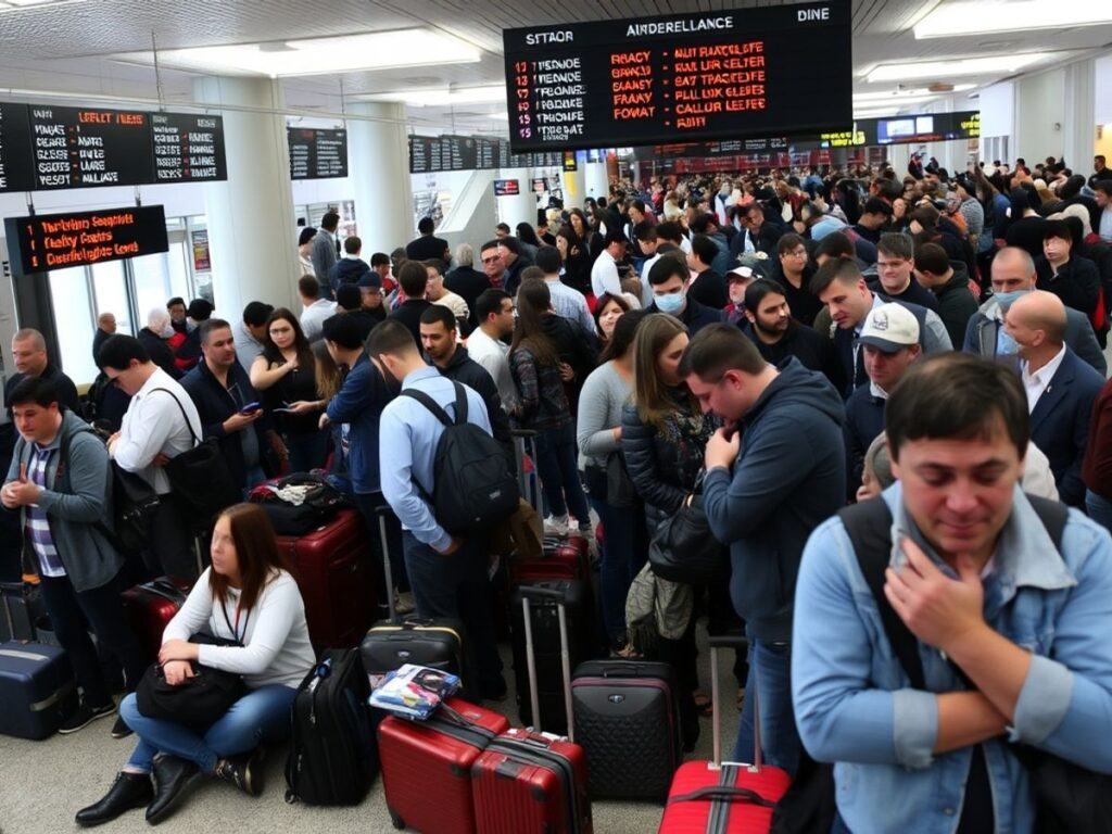 Crowded airport terminal with frustrated travelers and delays