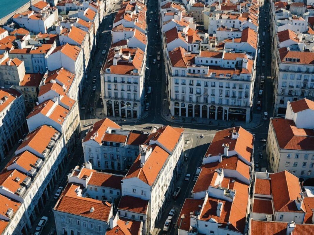 Lisbon skyline with buildings shaking and concerned people