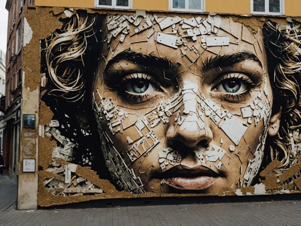 Vhils artwork showcasing Lisbon at Festival Iminente in London.