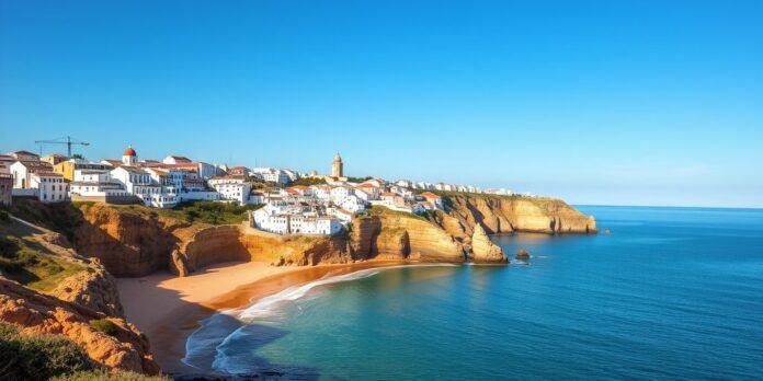 Albufeira coastline with beaches and white buildings