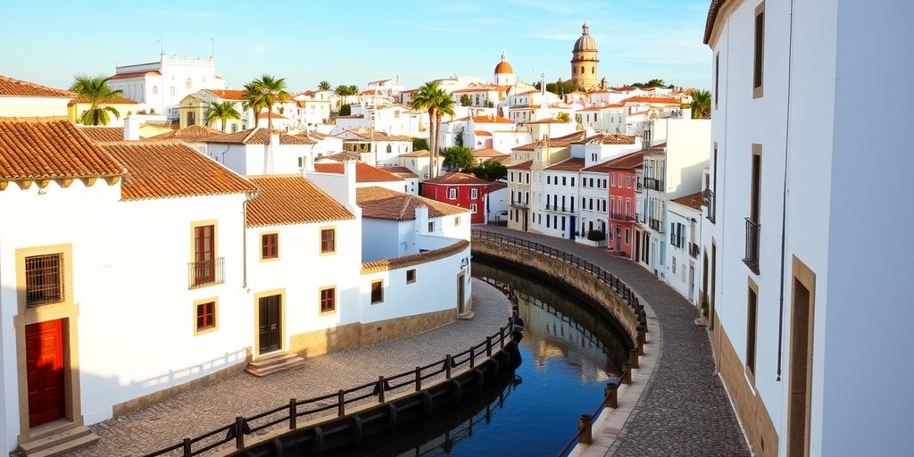 Tavira's old town with cobblestone streets and river.