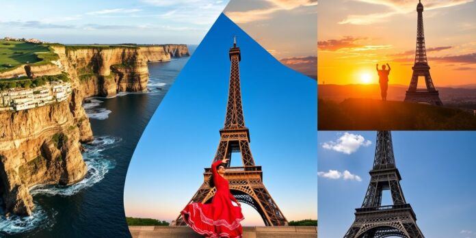 Collage of Portugal cliffs, Spanish dancers, and Eiffel Tower.