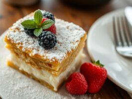 Torta de Claras with powdered sugar and berries