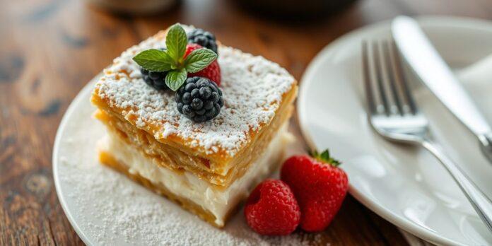 Torta de Claras with powdered sugar and berries