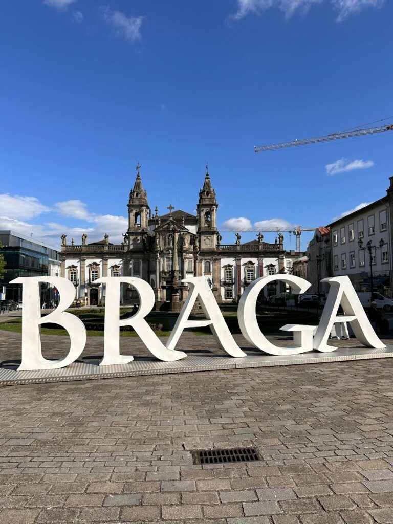 A sign in a square saying Braga, the name of the city.