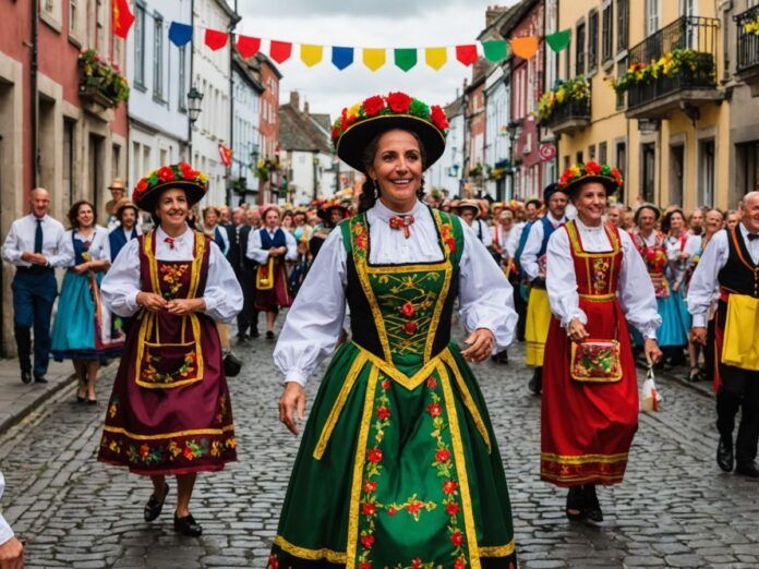 Traditional Portuguese dancers in colorful costumes