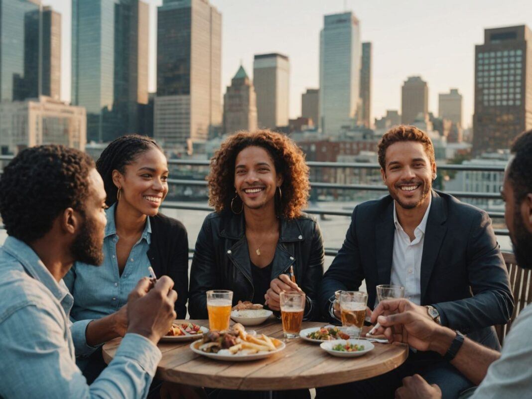 People smoking and talking outdoors in a city.