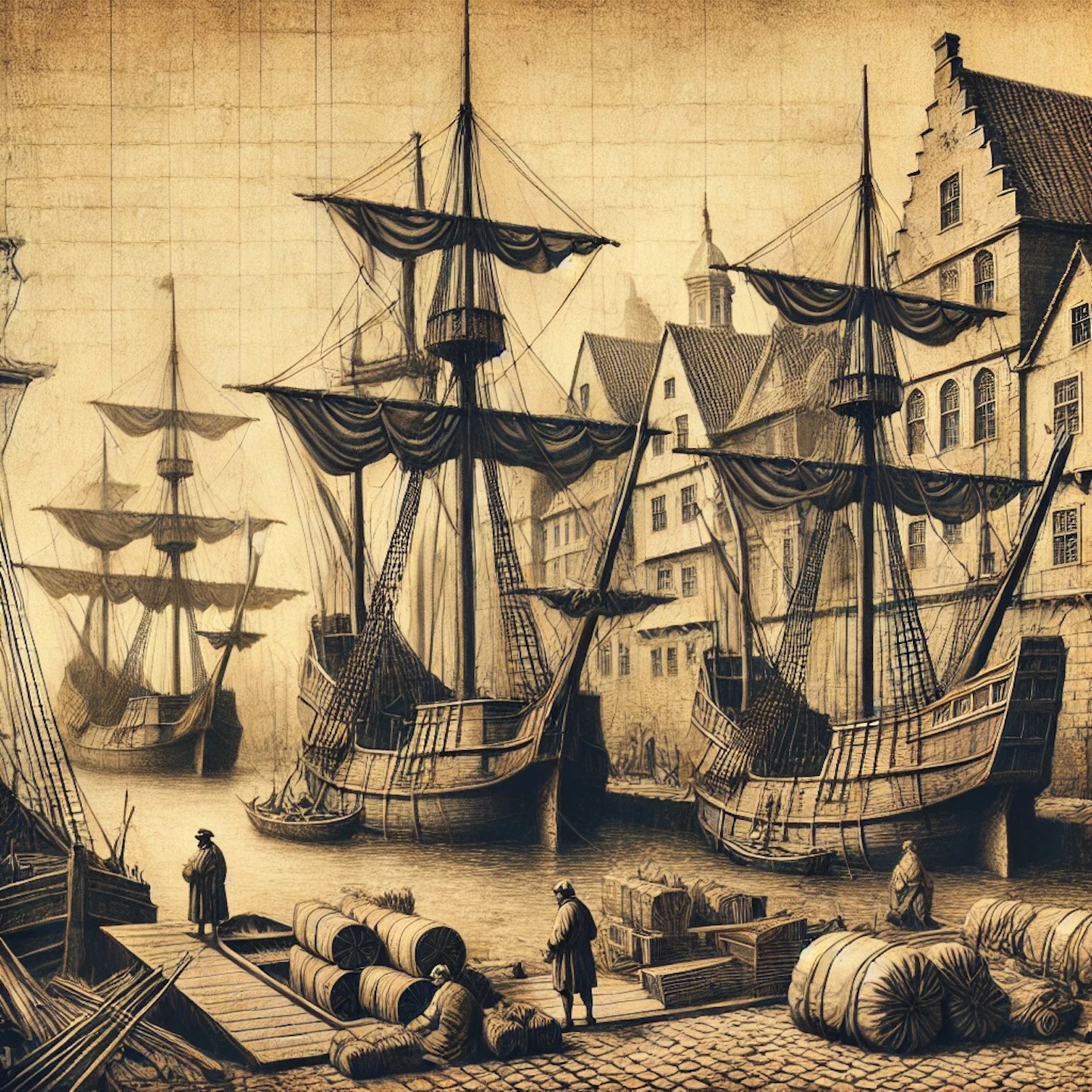 A drawing of caravel boats at a quayside