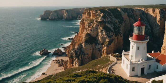 Sagres lighthouse with cliffs and ocean in background.