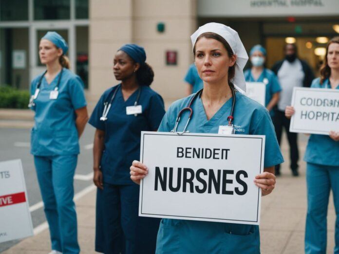 Nurses protesting with signs outside a hospital entrance.