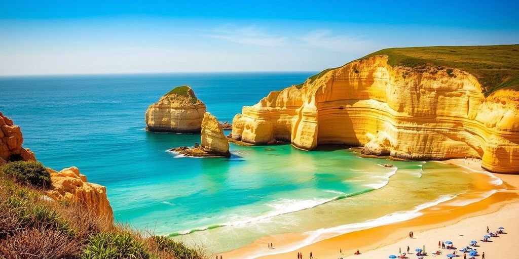 Golden cliffs and turquoise waters on a Portugal beach.