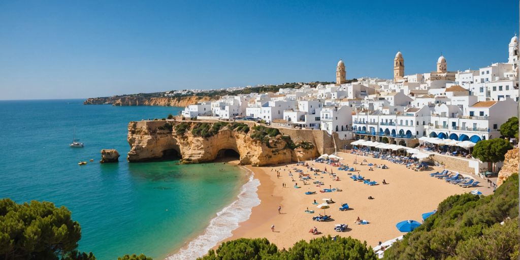 Albufeira coastline with beaches and white buildings