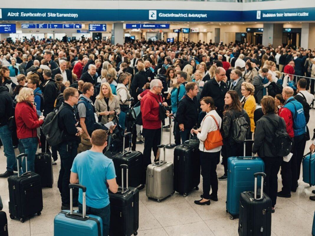 Crowded airport terminal with frustrated passengers.