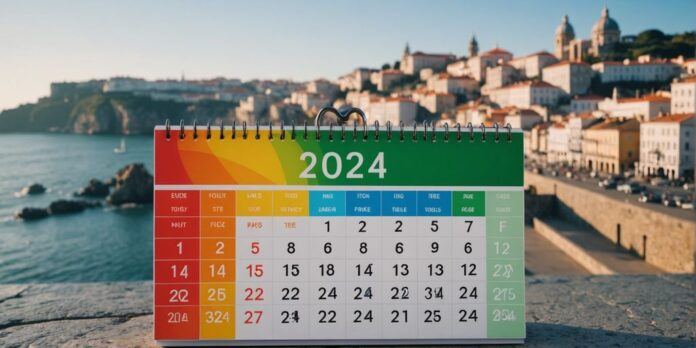 Calendar with Portuguese landmarks and 2024 public holidays