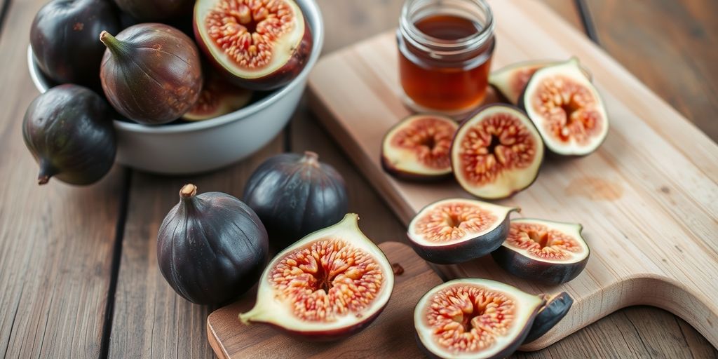 Fresh figs with honey on a rustic table.