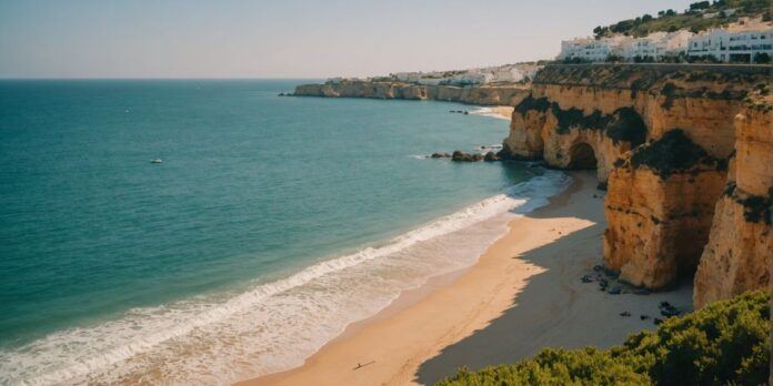 Albufeira coastline with beaches and cliffs under a clear sky.