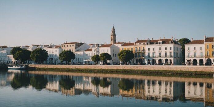 Historic Tavira with riverfront and charming buildings.