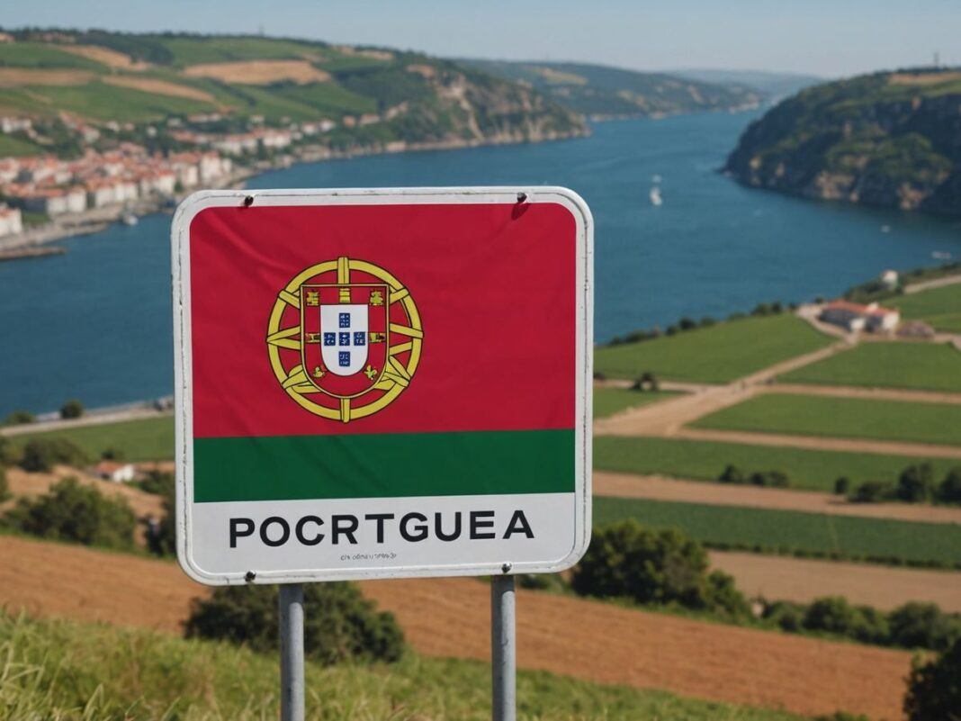 Portugal flag, Schengen map, warning sign for travelers