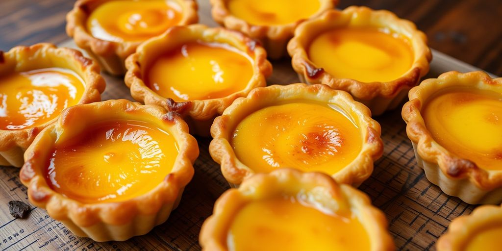 Freshly baked Pasteis de Nata tarts on a wooden table.