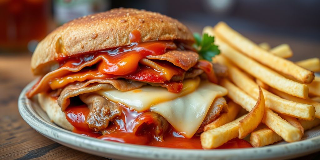 Portuguese Francesinha sandwich with meats, cheese, sauce, and fries.