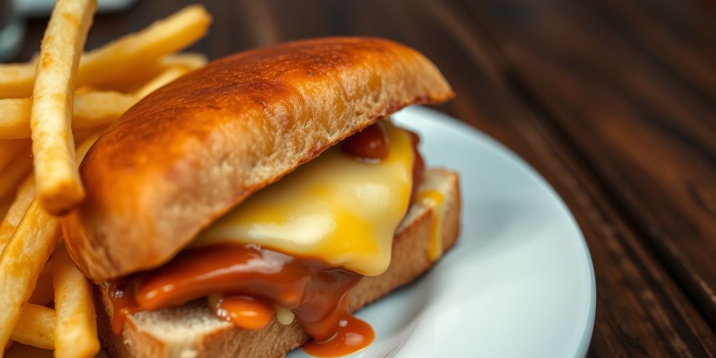 Portuguese Francesinha sandwich with melted cheese and fries