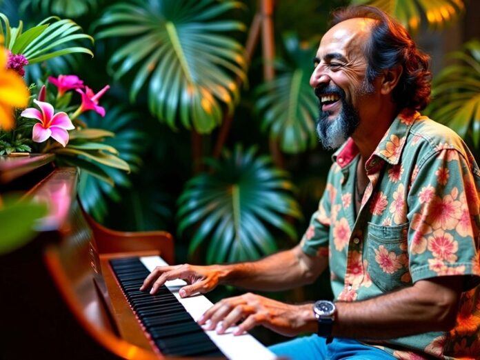 Sergio Mendes playing piano with tropical elements