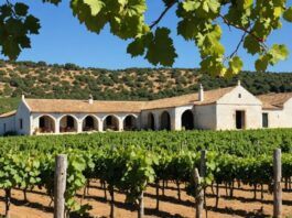 Algarve vineyard with grapevines and rustic winery.