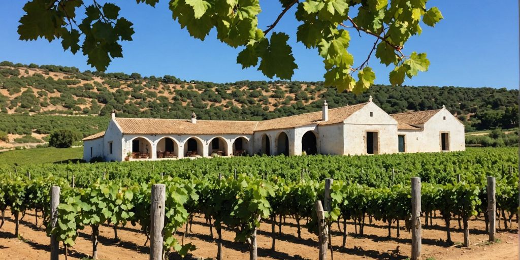 Algarve vineyard with grapevines and rustic winery.