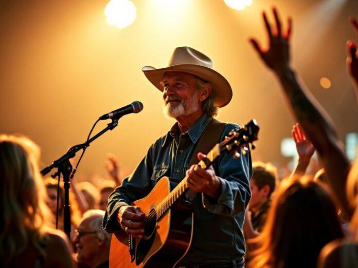 Kris Kristofferson with guitar, warm golden light backdrop.