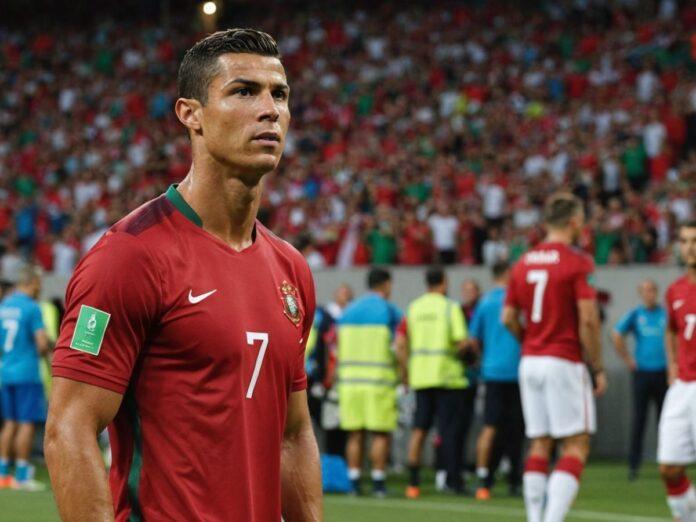 Cristiano Ronaldo in Portugal jersey, looking thoughtful